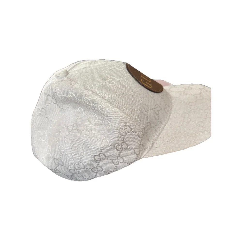 GUCCI Monogram Wool Cashmere Baseball Hat White Brown Leather‎ Logo Patch OSFM
